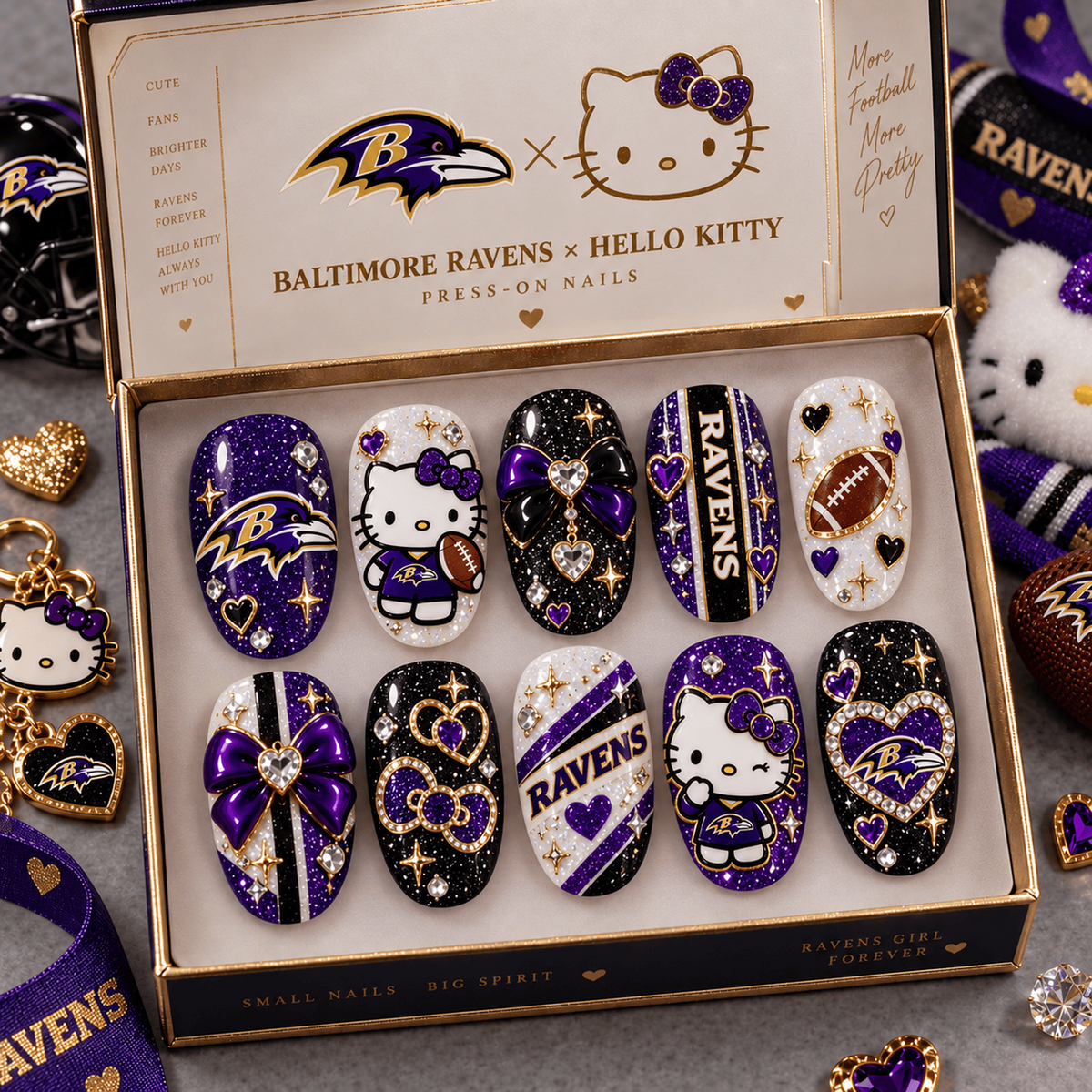 BAL X Premium NFL Hello Kitty Bow Glam Press-On Nails Football Fan
