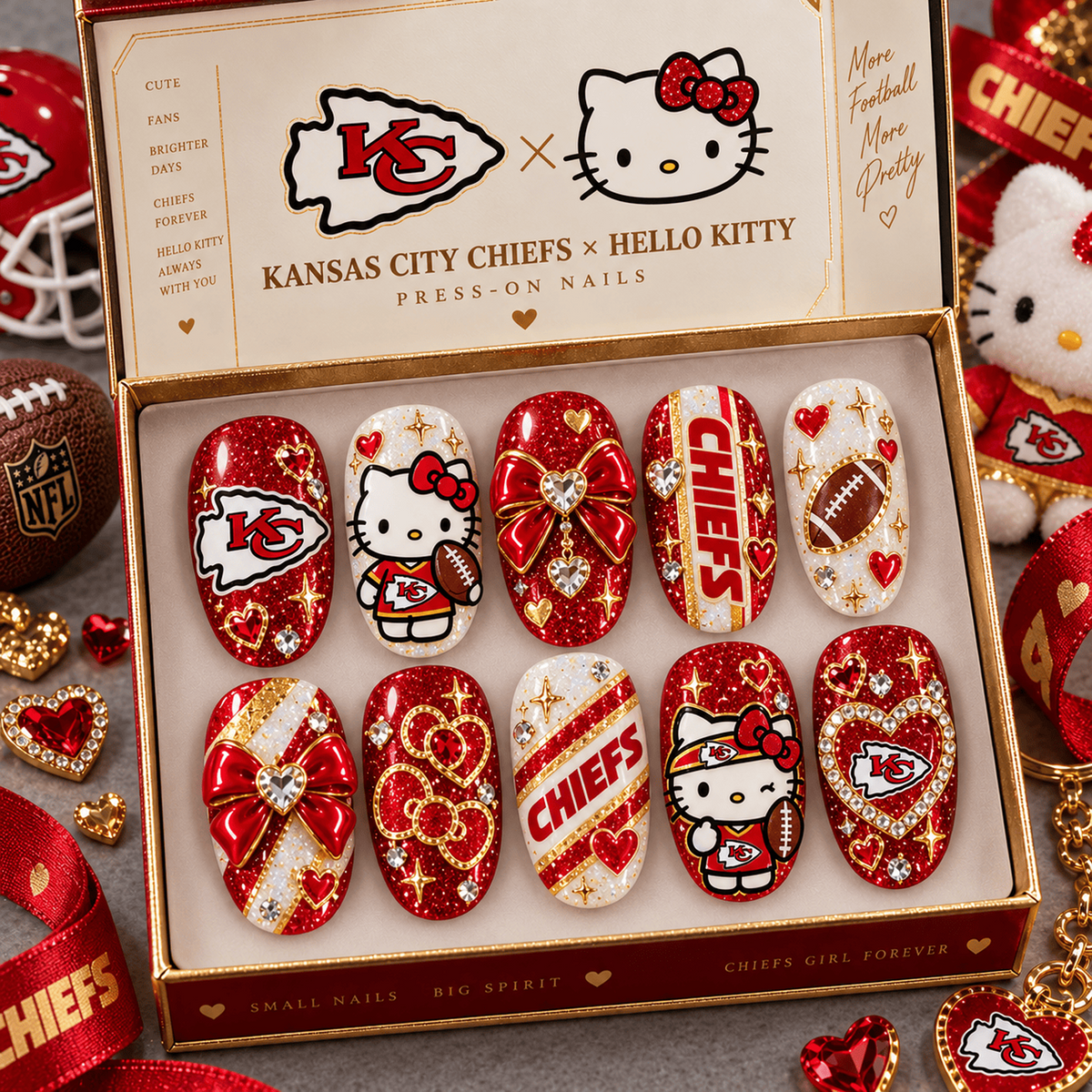 KC X Premium NFL Hello Kitty Bow Glam Press-On Nails Football Fan