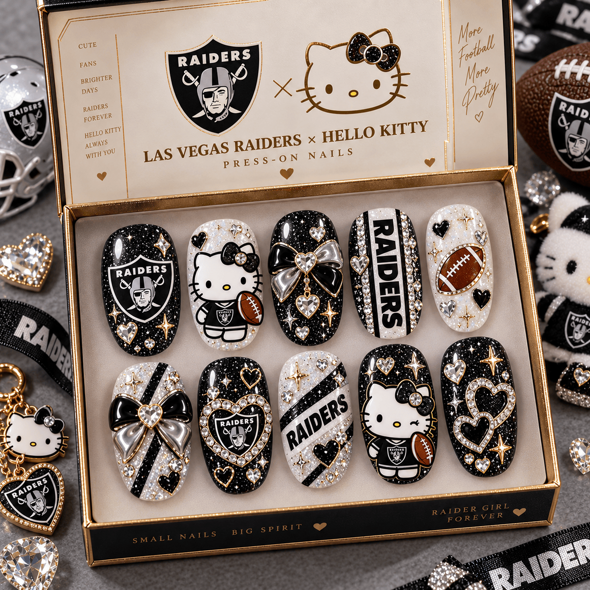LV X Premium NFL Hello Kitty Bow Glam Press-On Nails Football Fan