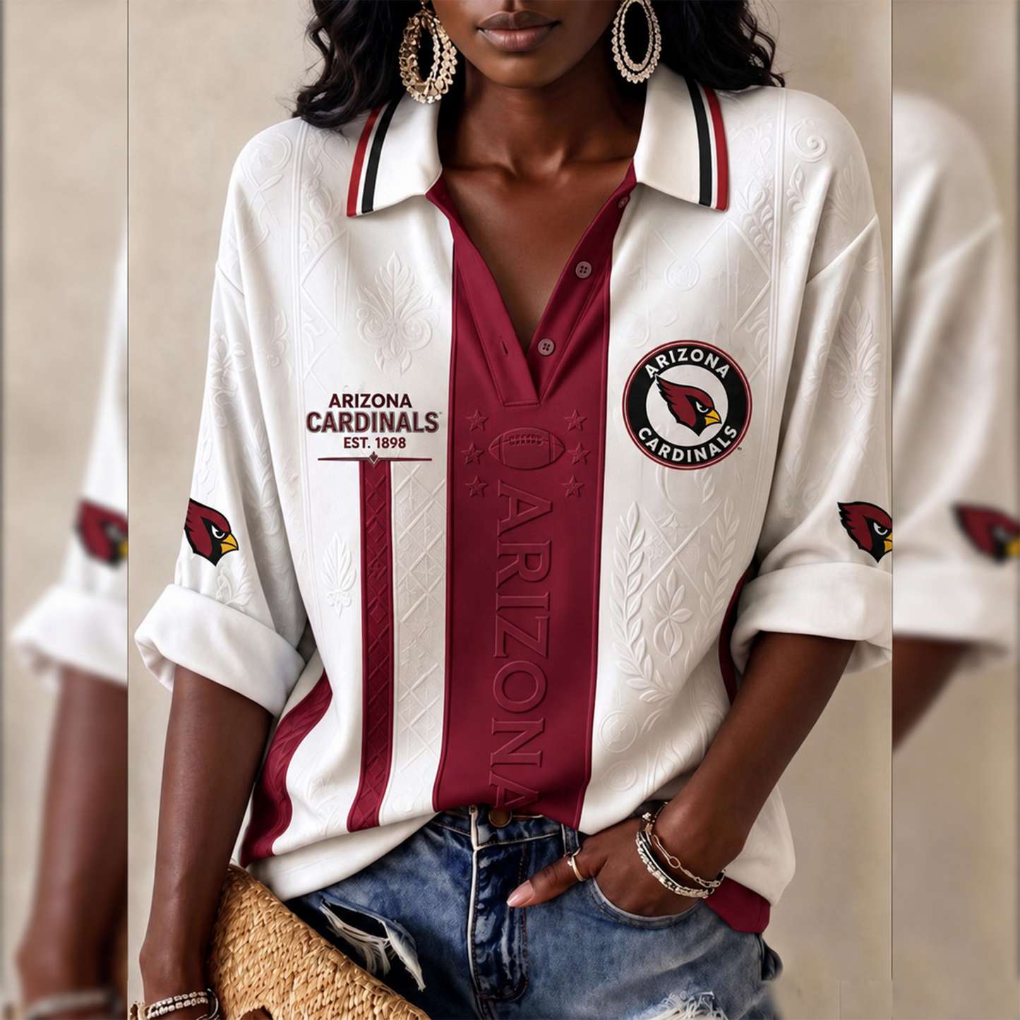 Premium NFL ARI Embossed Heritage Open-collar Polo Shirt