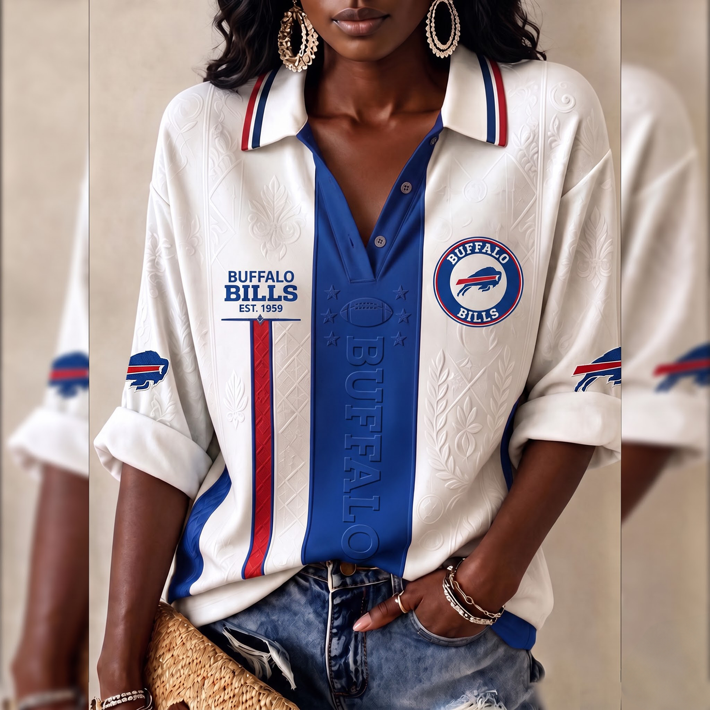 Premium NFL BUF Embossed Heritage Open-collar Polo Shirt