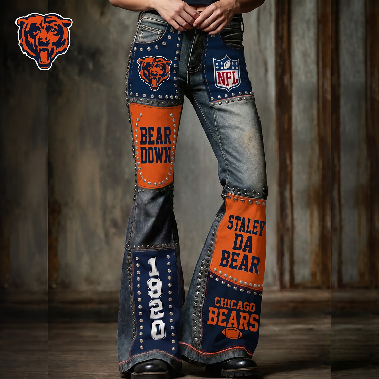 Premium NFL CHI Vintage Patchwork Zipped Flared Pants