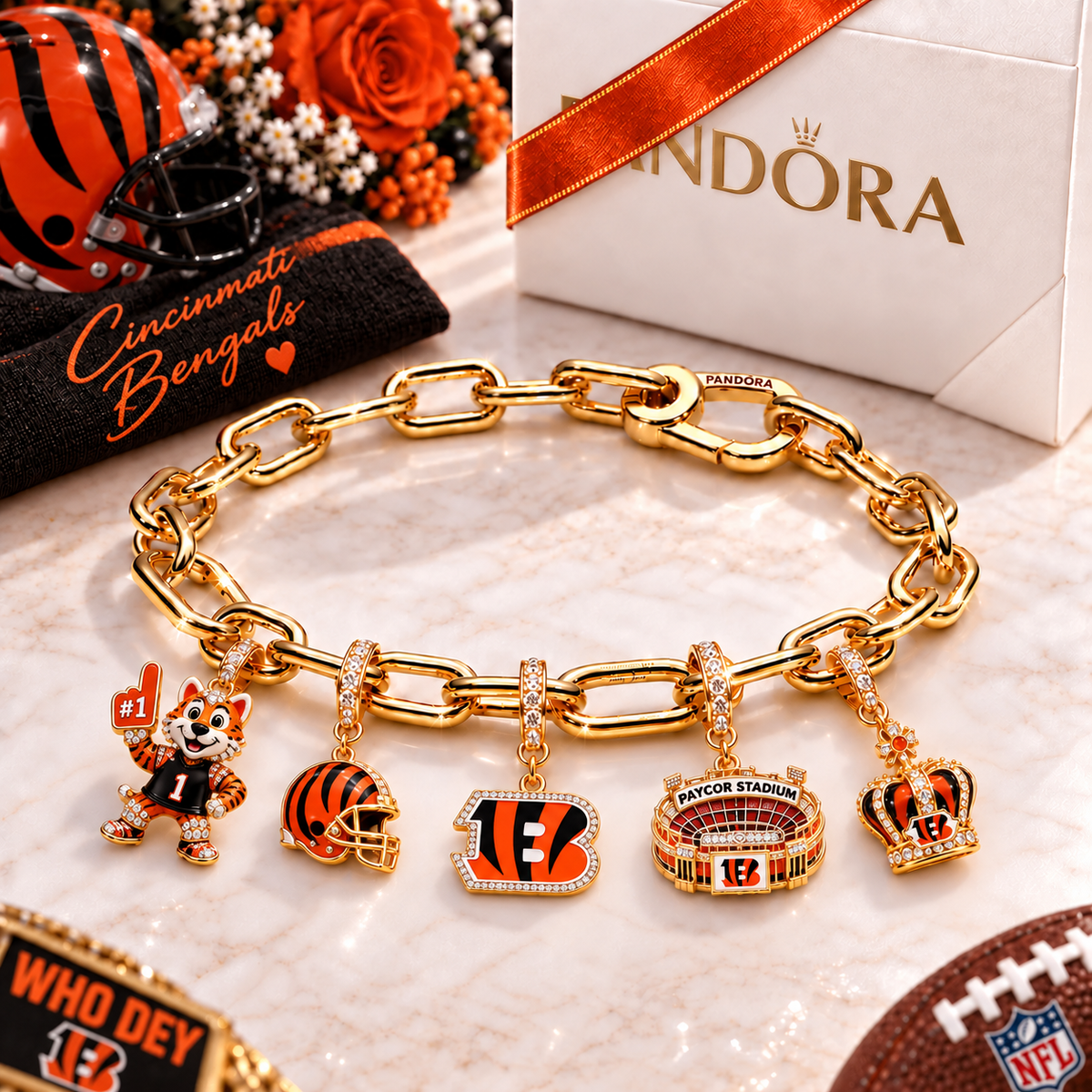 Premium NFL CIN Game Day Gold Charm Bracelet V5