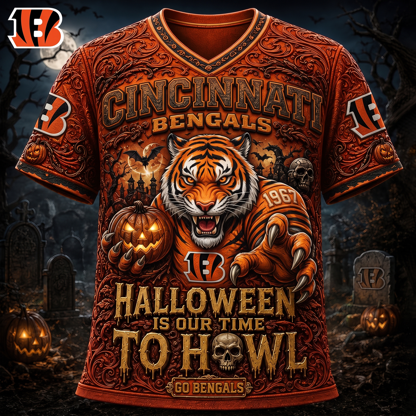 Premium NFL CIN Haunted Howl Halloween Mascot T-shirt