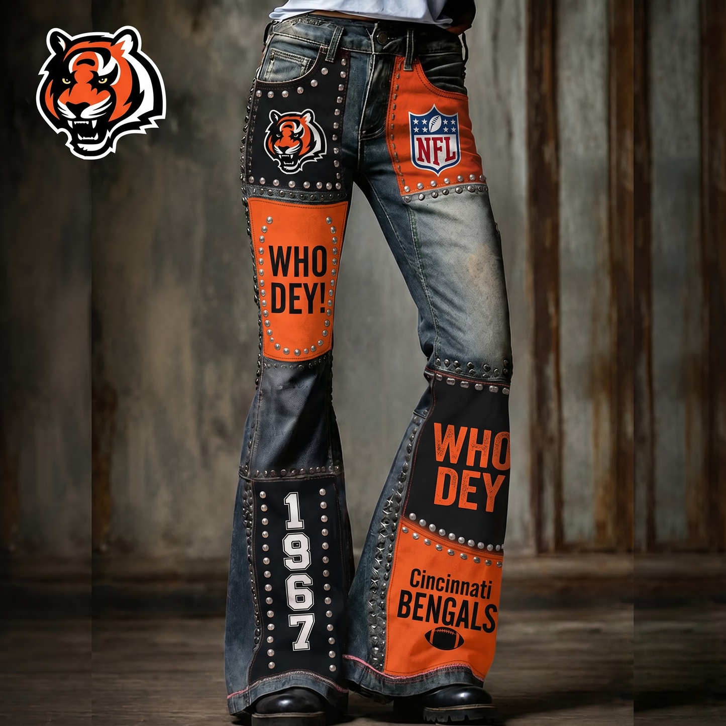 Premium NFL CIN Vintage Patchwork Zipped Flared Pants