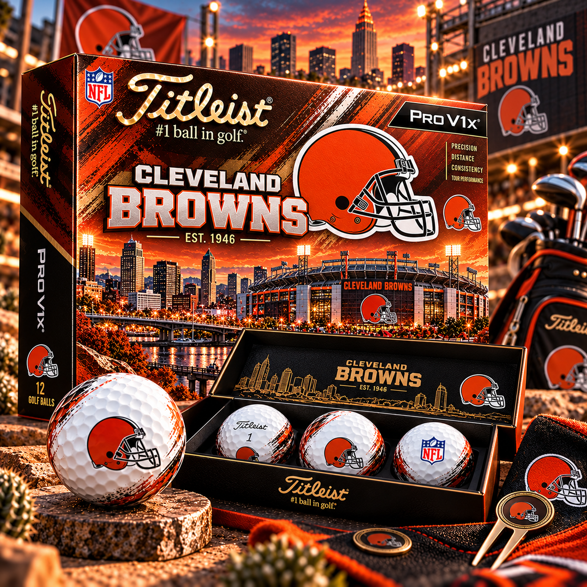 Premium NFL CLE x Titleist Pro V1 Herritage Golf Ball Set V4