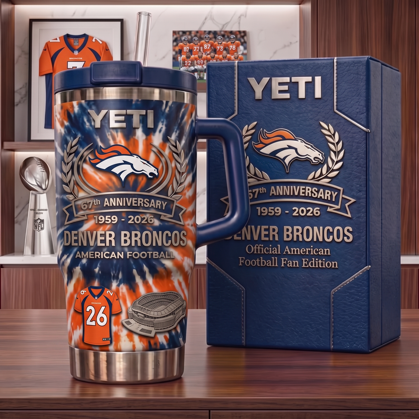 Premium NFL DEN Anniversary Flame Heritage Handle Tumbler