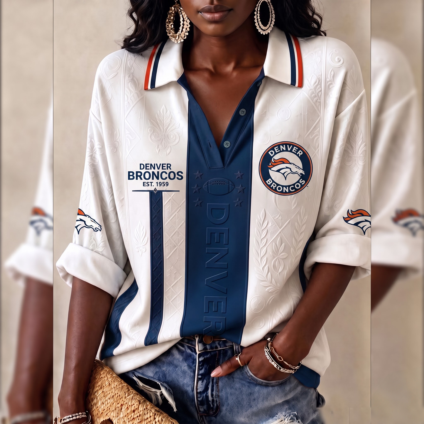 Premium NFL DEN Embossed Heritage Open-collar Polo Shirt