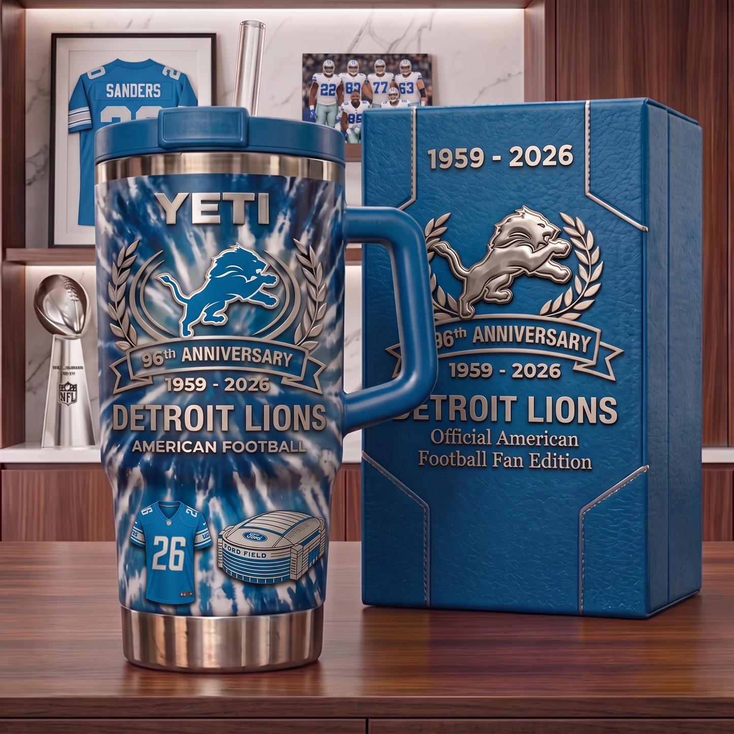 Premium NFL DET Anniversary Flame Heritage Handle Tumbler