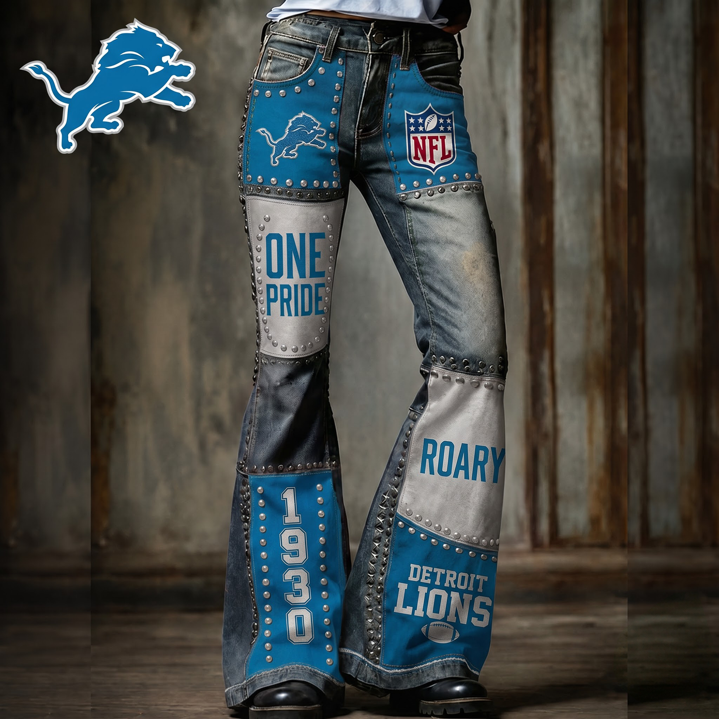 Premium NFL DET Vintage Patchwork Zipped Flared Pants