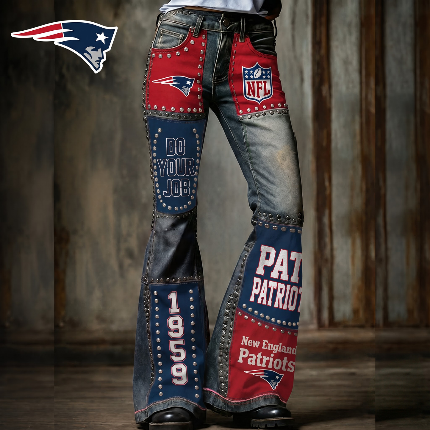 Premium NFL NE Vintage Patchwork Zipped Flared Pants