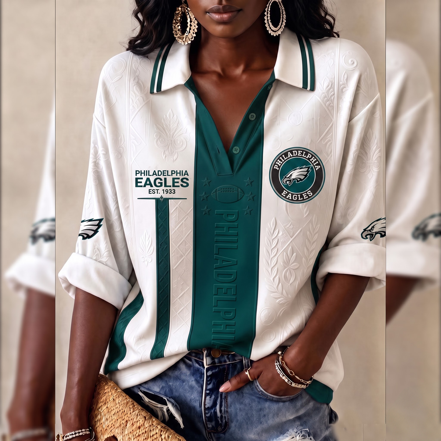 Premium NFL PHI Embossed Heritage Open-collar Polo Shirt