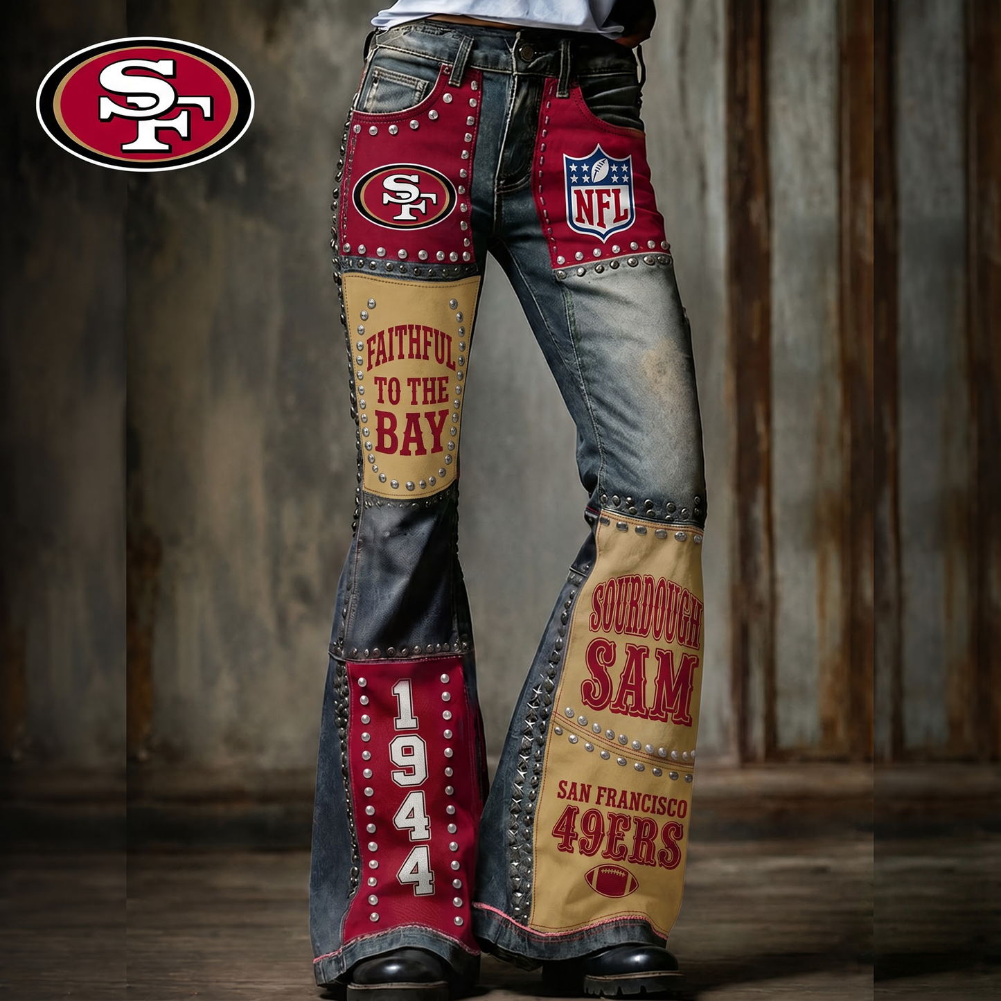 Premium NFL SF Vintage Patchwork Zipped Flared Pants
