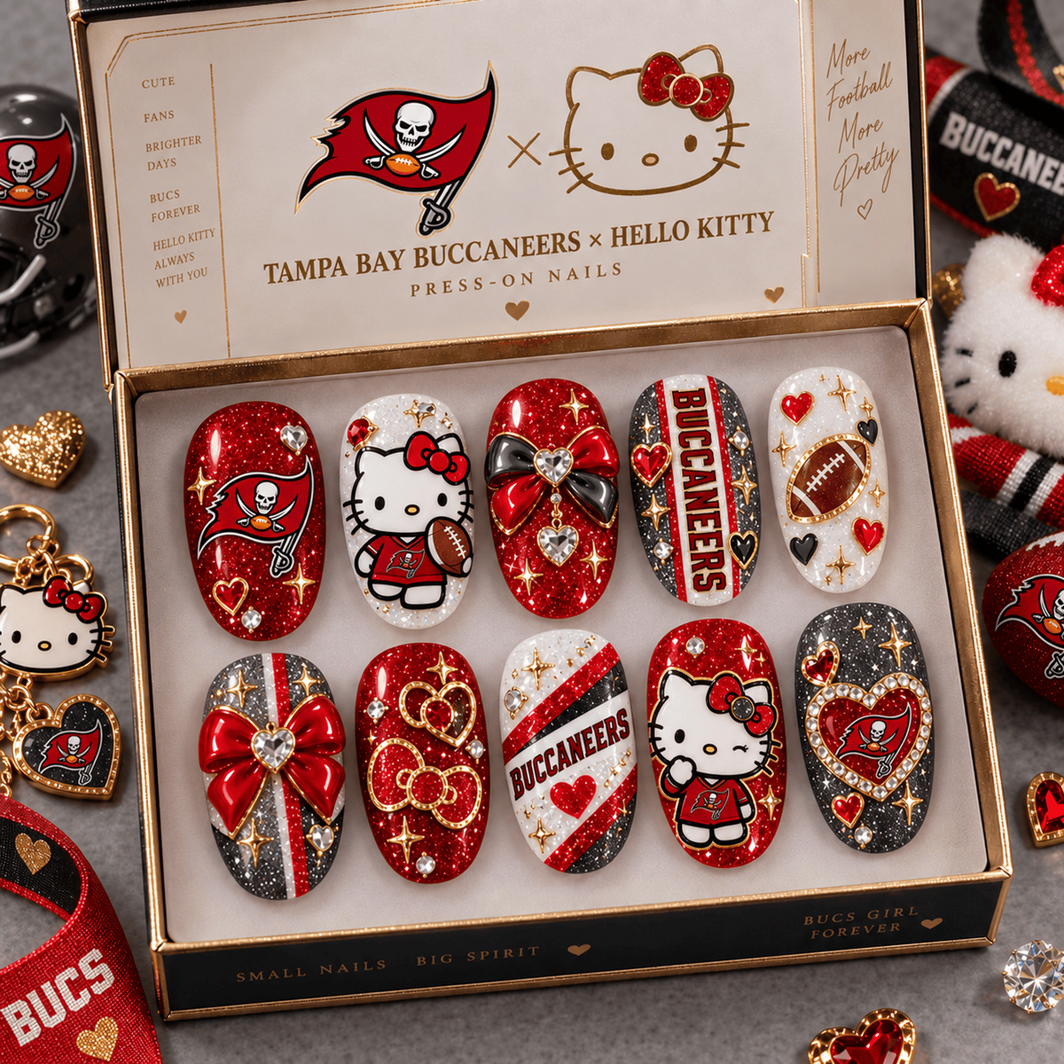TB X Premium NFL Hello Kitty Bow Glam Press-On Nails Football Fan