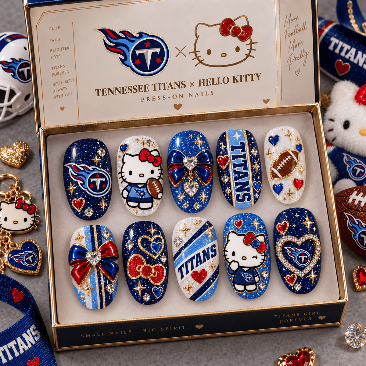 TEN X Premium NFL Hello Kitty Bow Glam Press-On Nails Football Fan