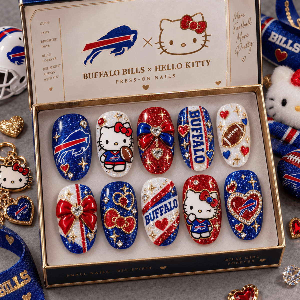 BUF X Premium NFL Hello Kitty Bow Glam Press-On Nails Football Fan