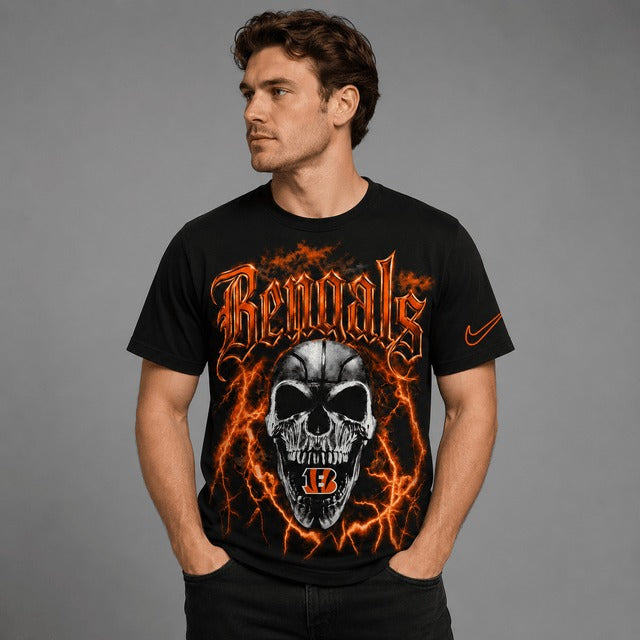 CIN Premium NFL Premium Skull Lightning Graphic T-Shirt