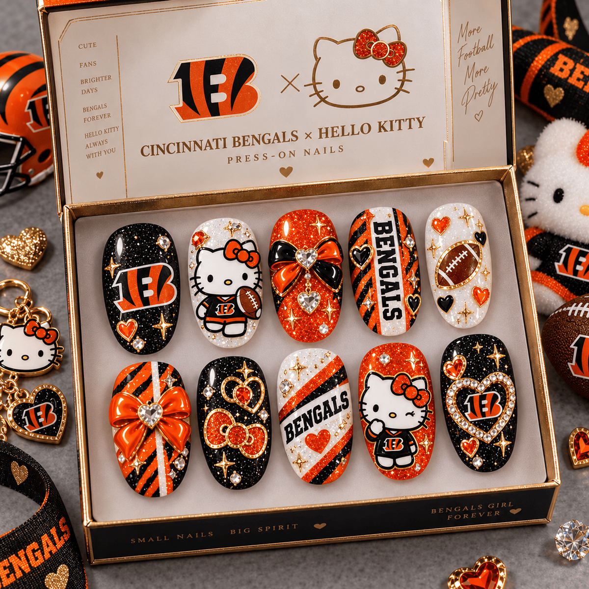 CIN X Premium NFL Hello Kitty Bow Glam Press-On Nails Football Fan