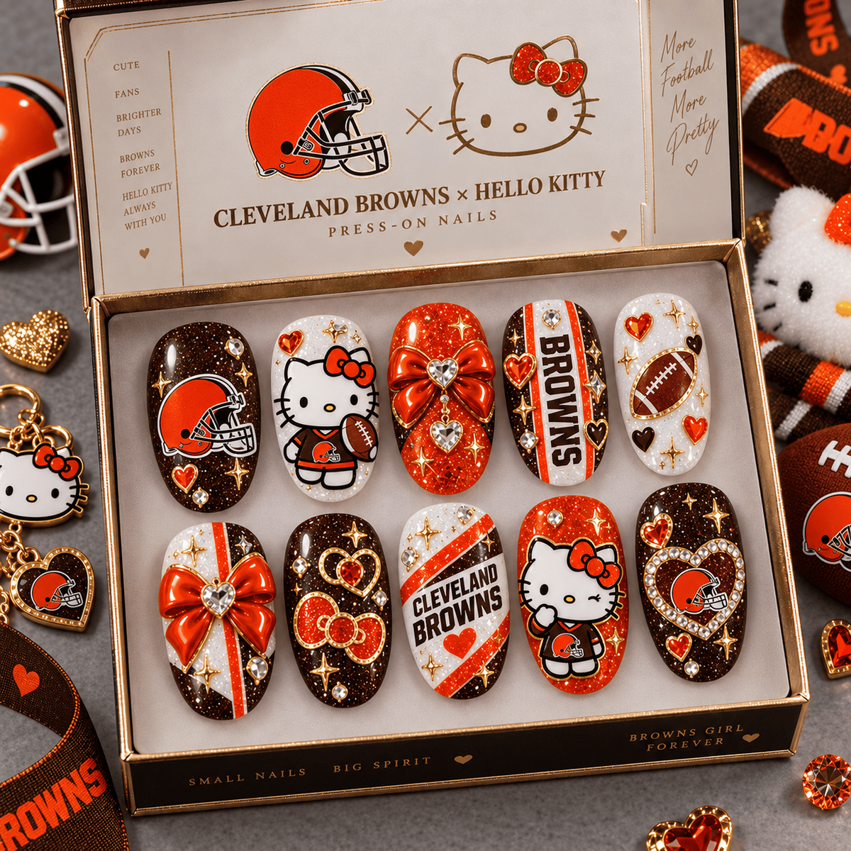 CLE X Premium NFL Hello Kitty Bow Glam Press-On Nails Football Fan
