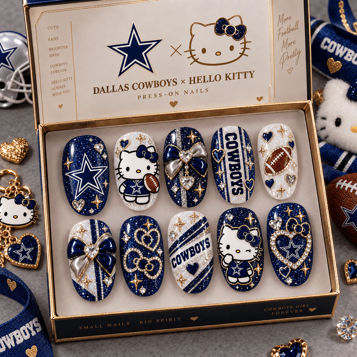 DAL X Premium NFL Hello Kitty Bow Glam Press-On Nails Football Fan