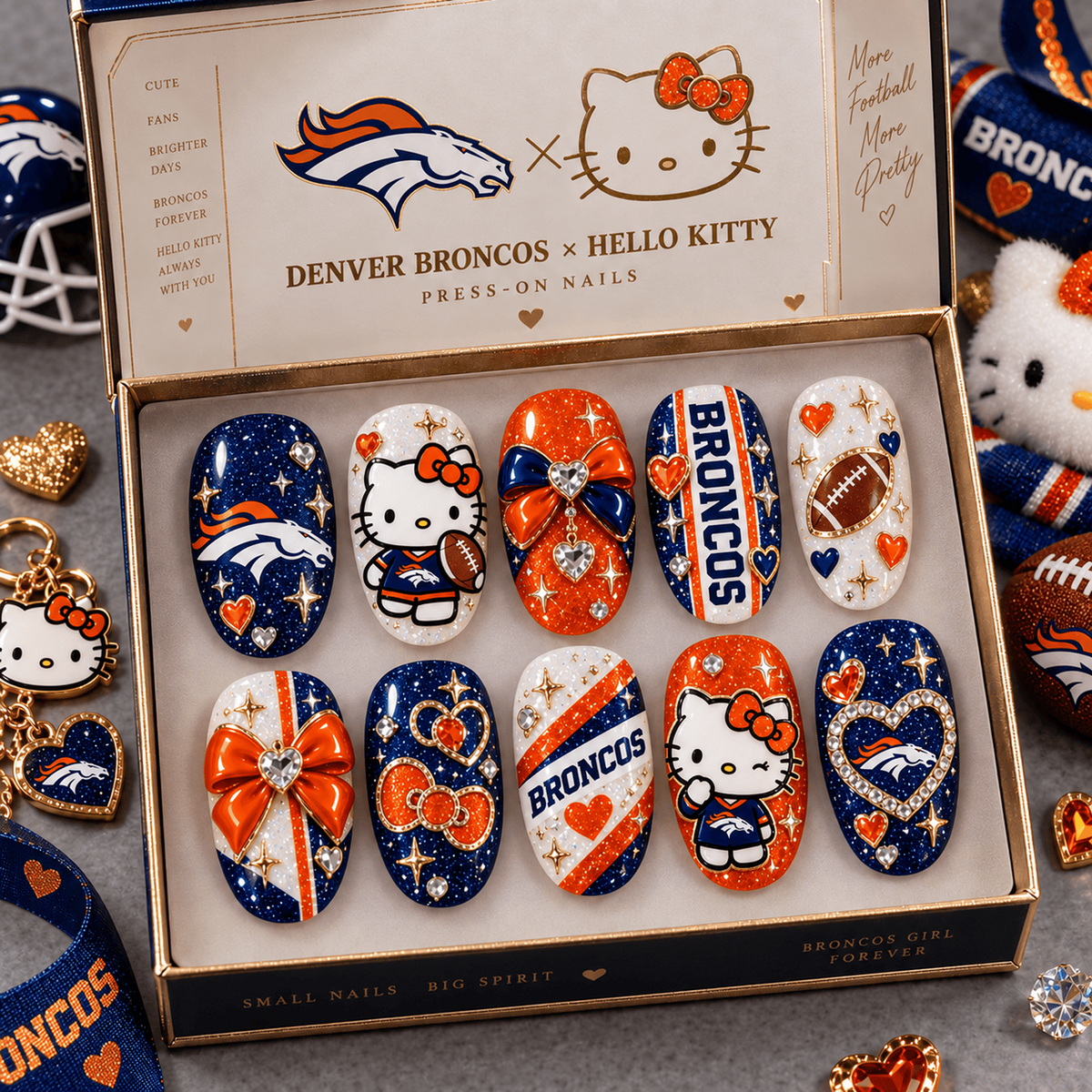 DEN X Premium NFL Hello Kitty Bow Glam Press-On Nails Football Fan