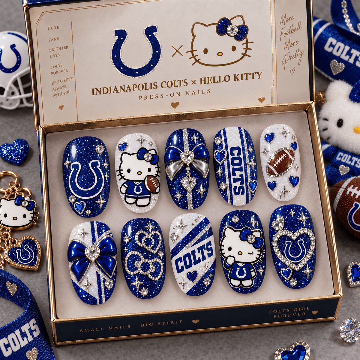 IND X Premium NFL Hello Kitty Bow Glam Press-On Nails Football Fan
