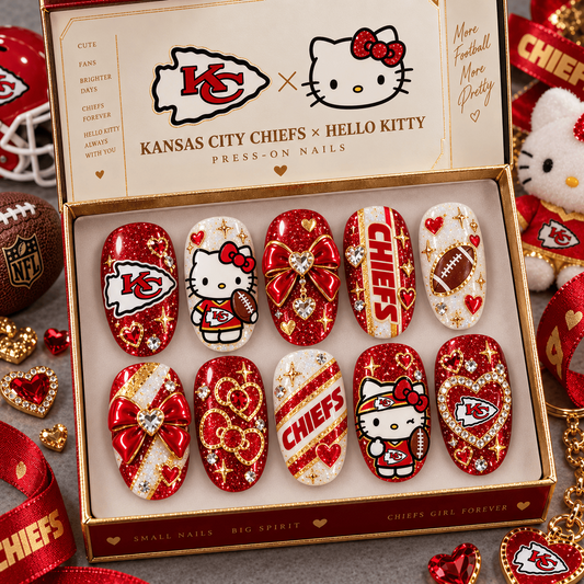 KC X Premium NFL Hello Kitty Bow Glam Press-On Nails Football Fan