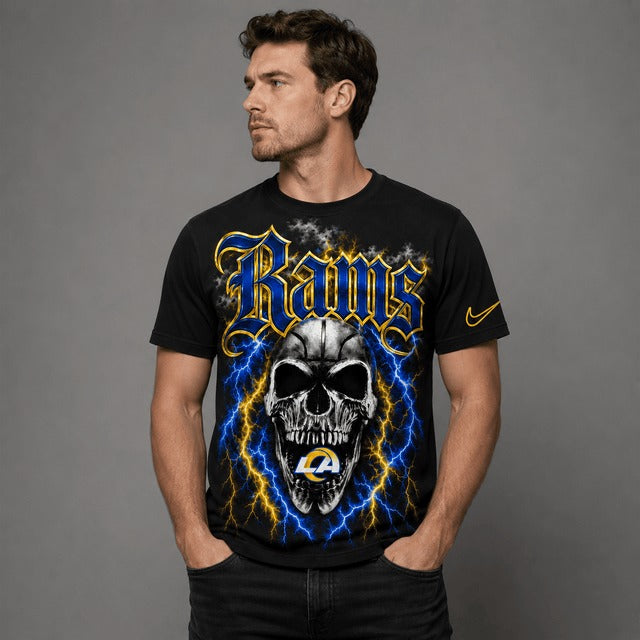 LAR Premium NFL Premium Skull Lightning Graphic T-Shirt
