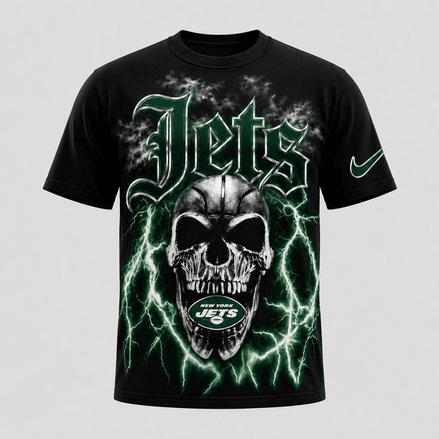 NYJ Premium NFL Premium Skull Lightning Graphic T-Shirt