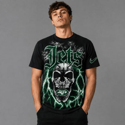 NYJ Premium NFL Premium Skull Lightning Graphic T-Shirt