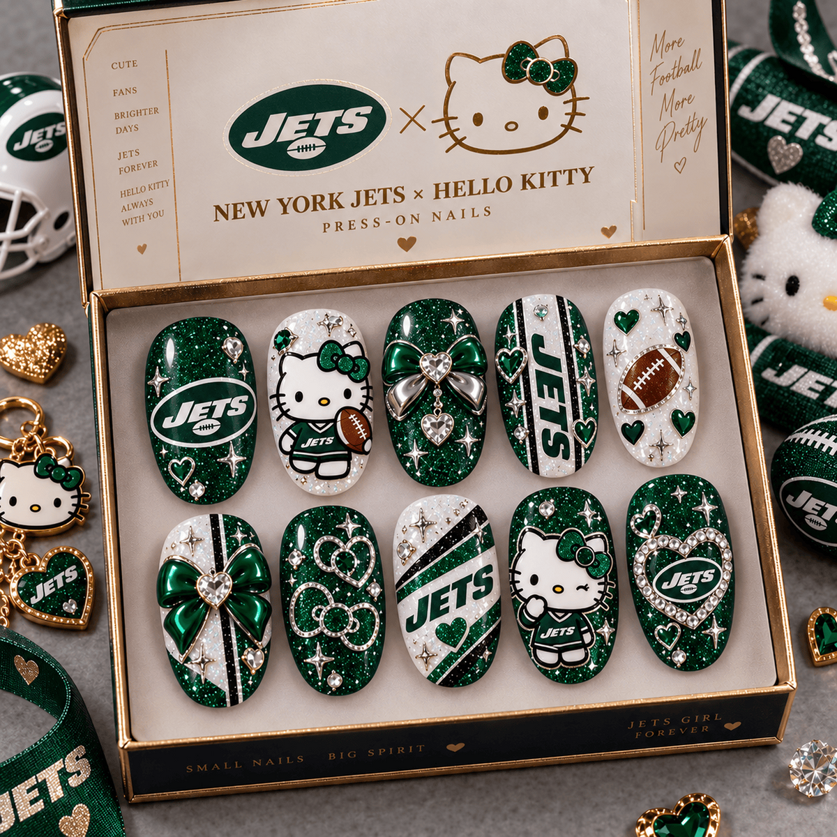 NYJ X Premium NFL Hello Kitty Bow Glam Press-On Nails Football Fan