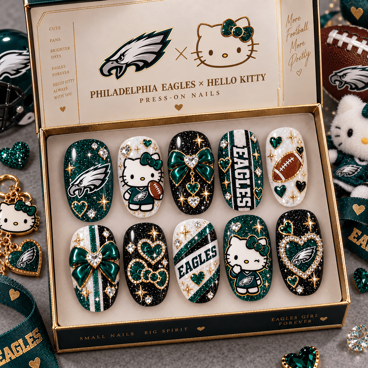 PHI X Premium NFL Hello Kitty Bow Glam Press-On Nails Football Fan