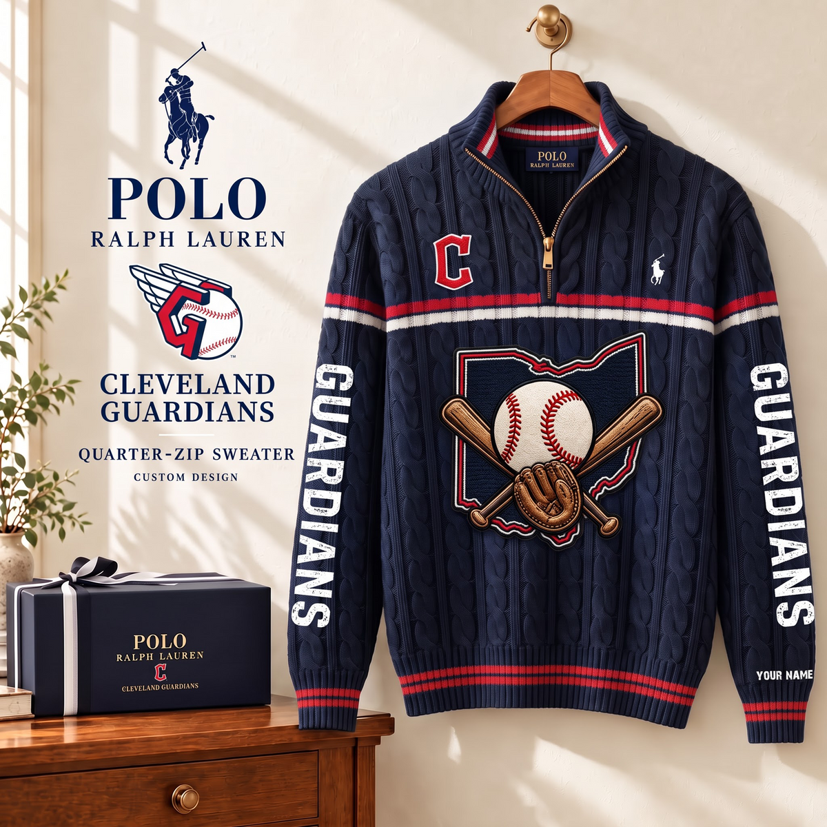 PREMIUM MLB X CLE EXCLUSIVE  POLO RALPH LAUREN QUATER-ZIP SWEATER SHIRT LIMITED EDITION V3