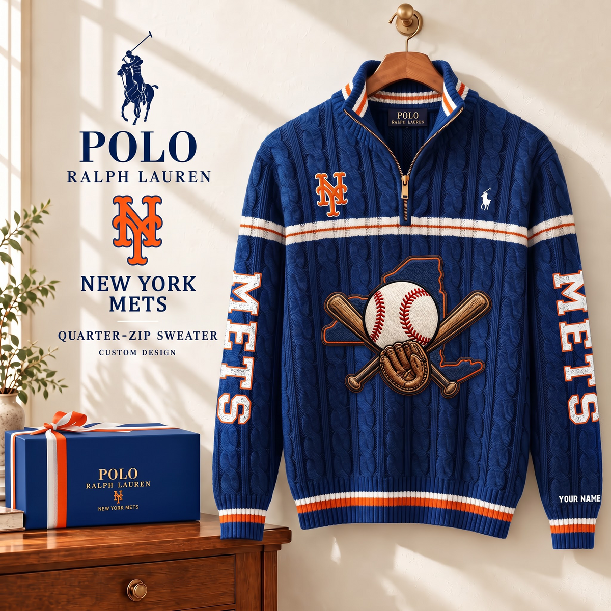 PREMIUM MLB X NYM EXCLUSIVE  POLO RALPH LAUREN QUATER-ZIP SWEATER SHIRT LIMITED EDITION V3