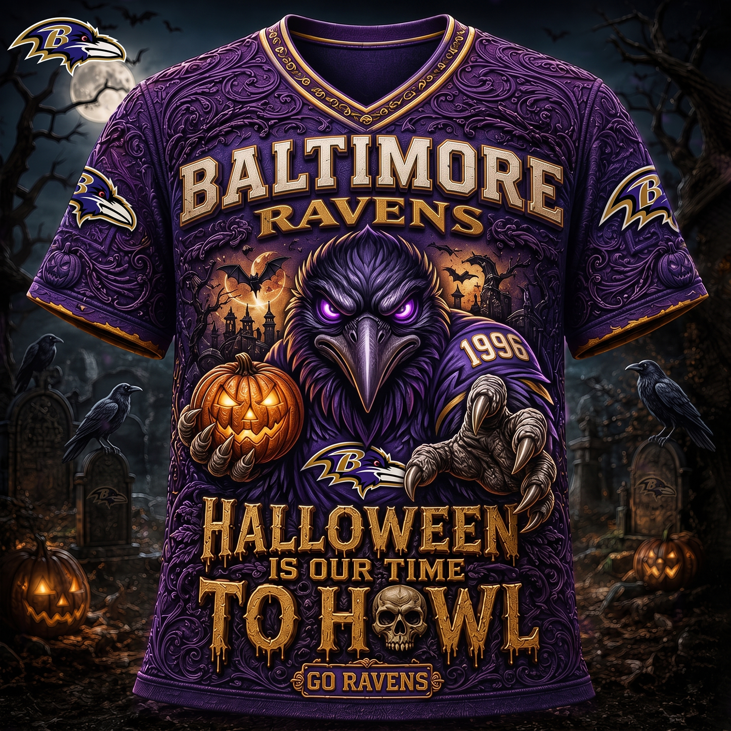 Premium NFL BAL Haunted Howl Halloween Mascot T-shirt