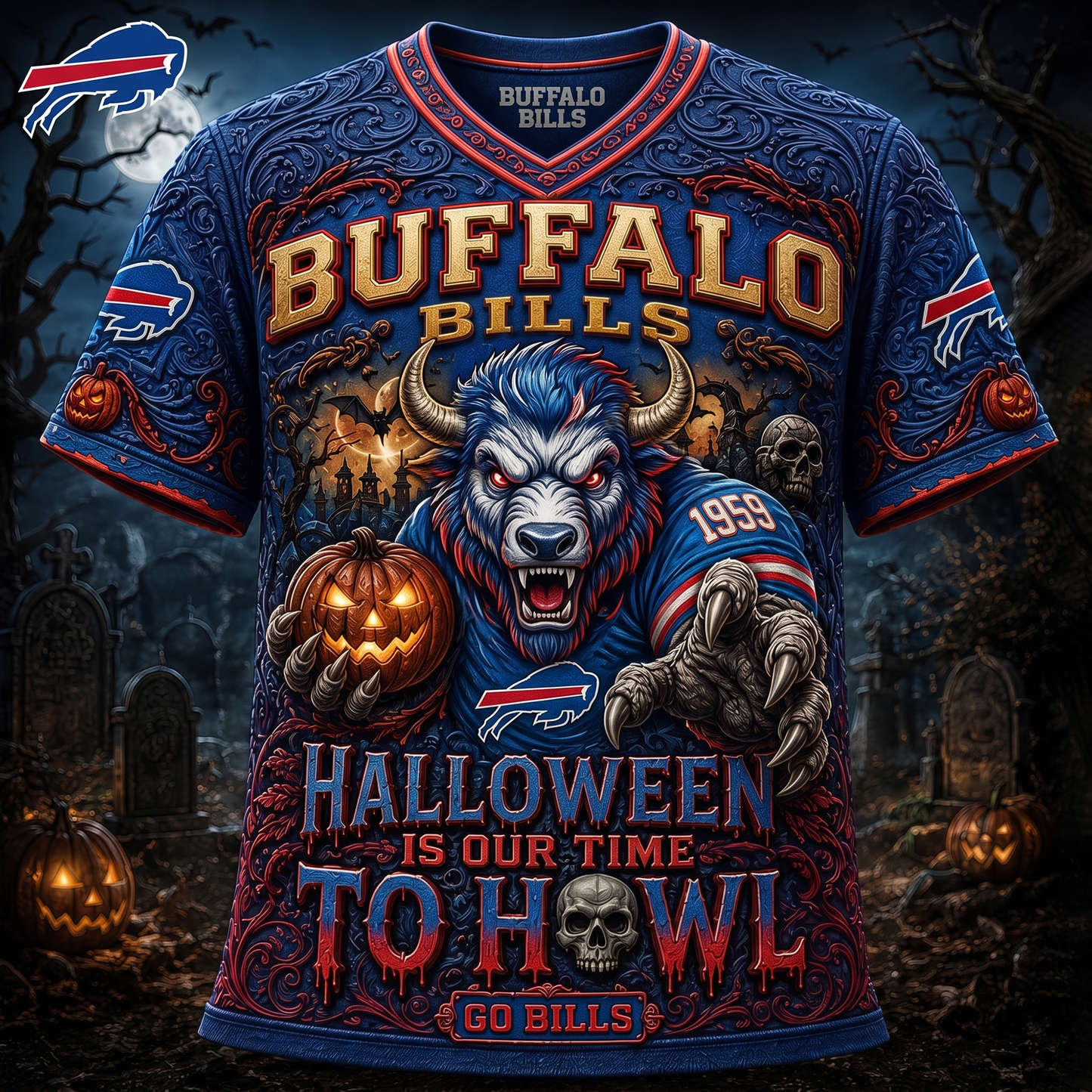 Premium NFL BUF Haunted Howl Halloween Mascot T-shirt