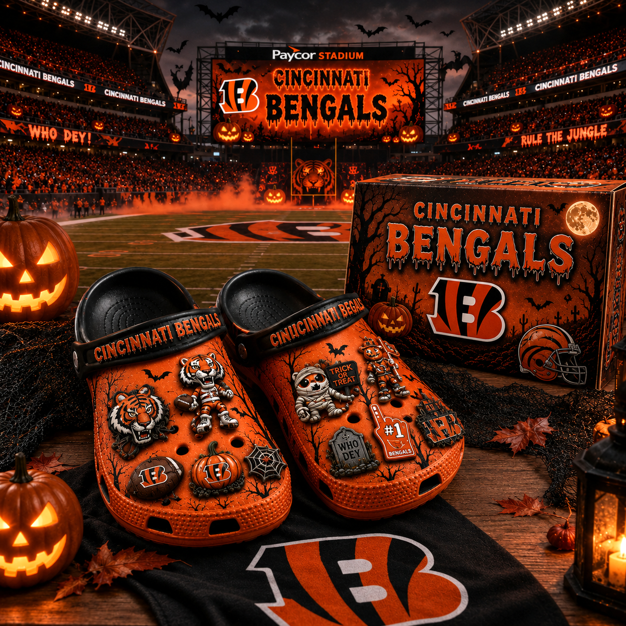 Premium NFL CIN Haunted Game Day Halloween Charm Clogs