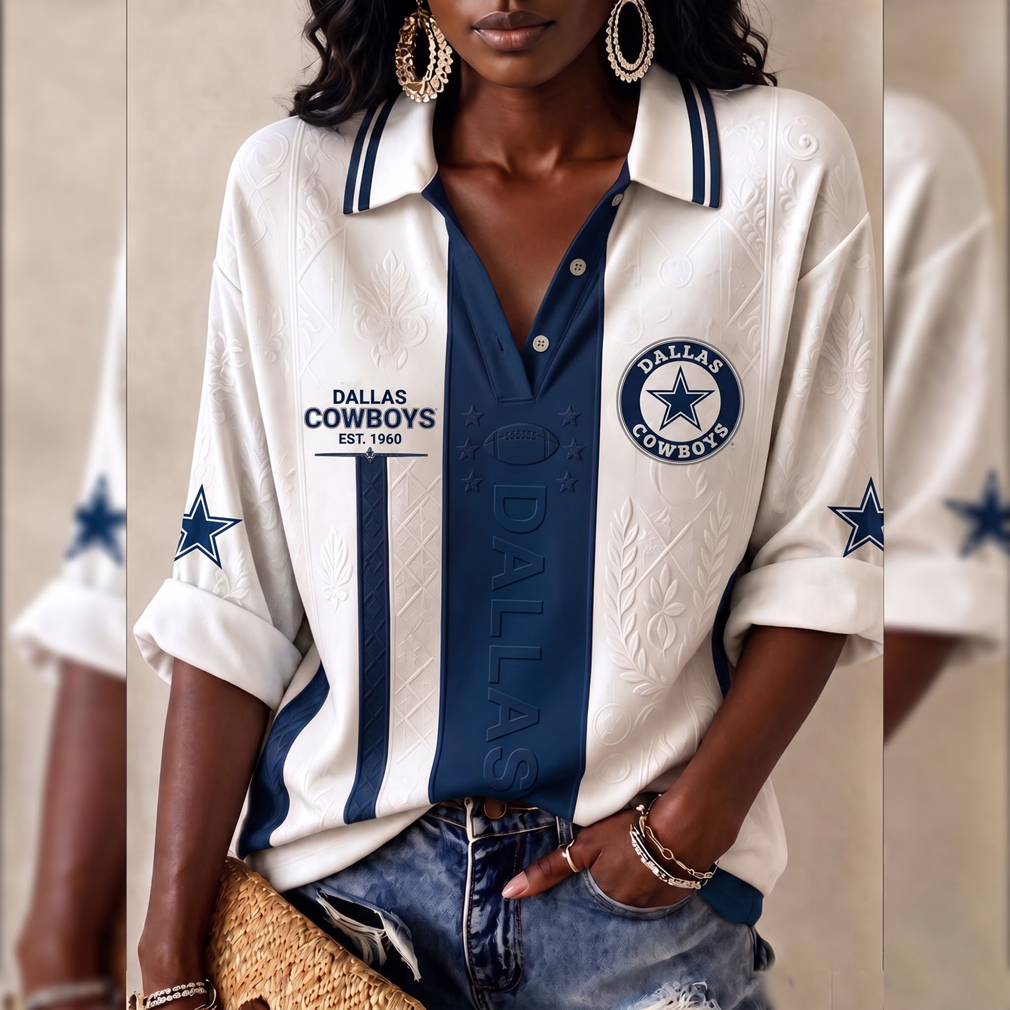 Premium NFL DAL Embossed Heritage Open-collar Polo Shirt