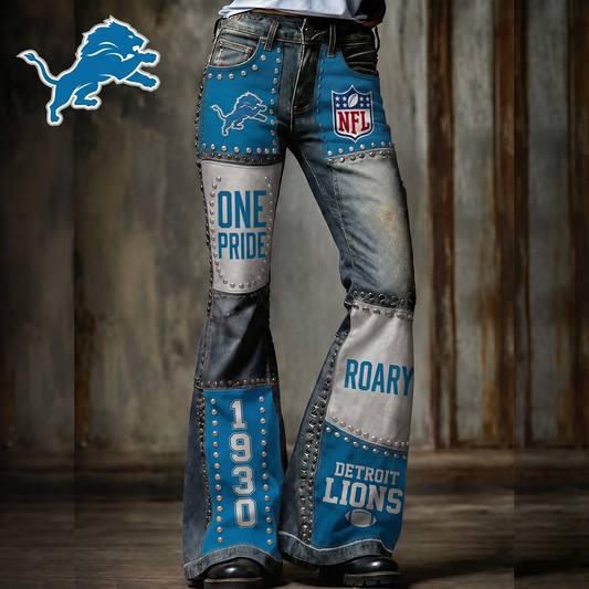 Premium NFL DET Vintage Patchwork Zipped Flared Pants