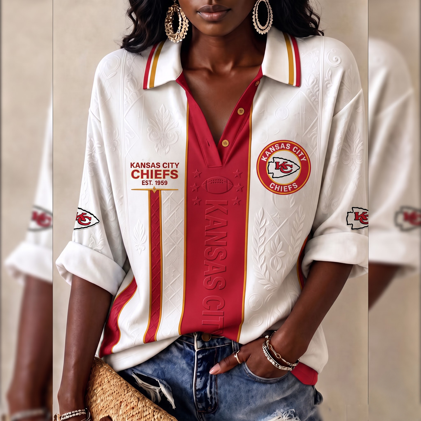 Premium NFL KC Embossed Heritage Open-collar Polo Shirt