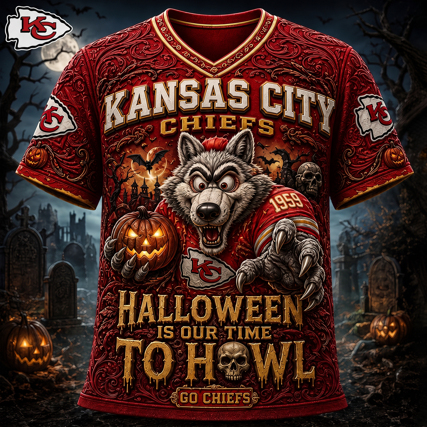 Premium NFL KC Haunted Howl Halloween Mascot T-shirt