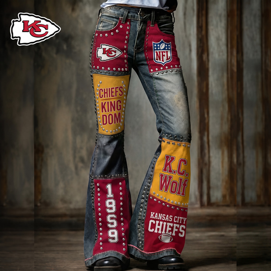 Premium NFL KC Vintage Patchwork Zipped Flared Pants