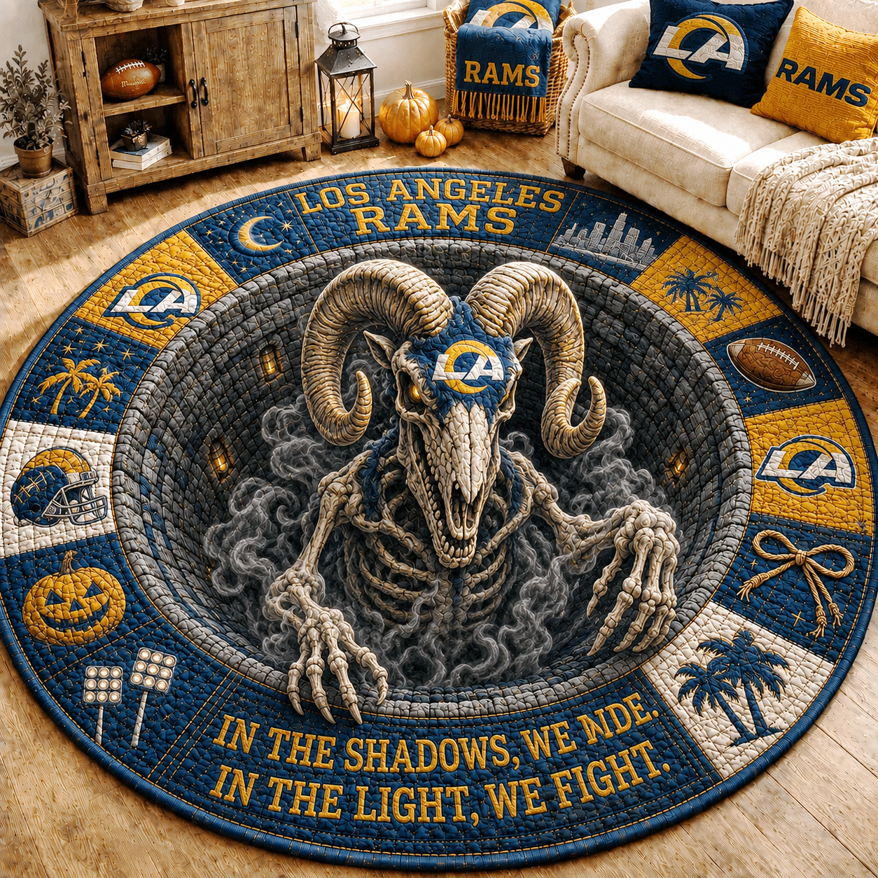 Premium NFL LAR Haunted Gridiron Skeleton Quilted Round Mat