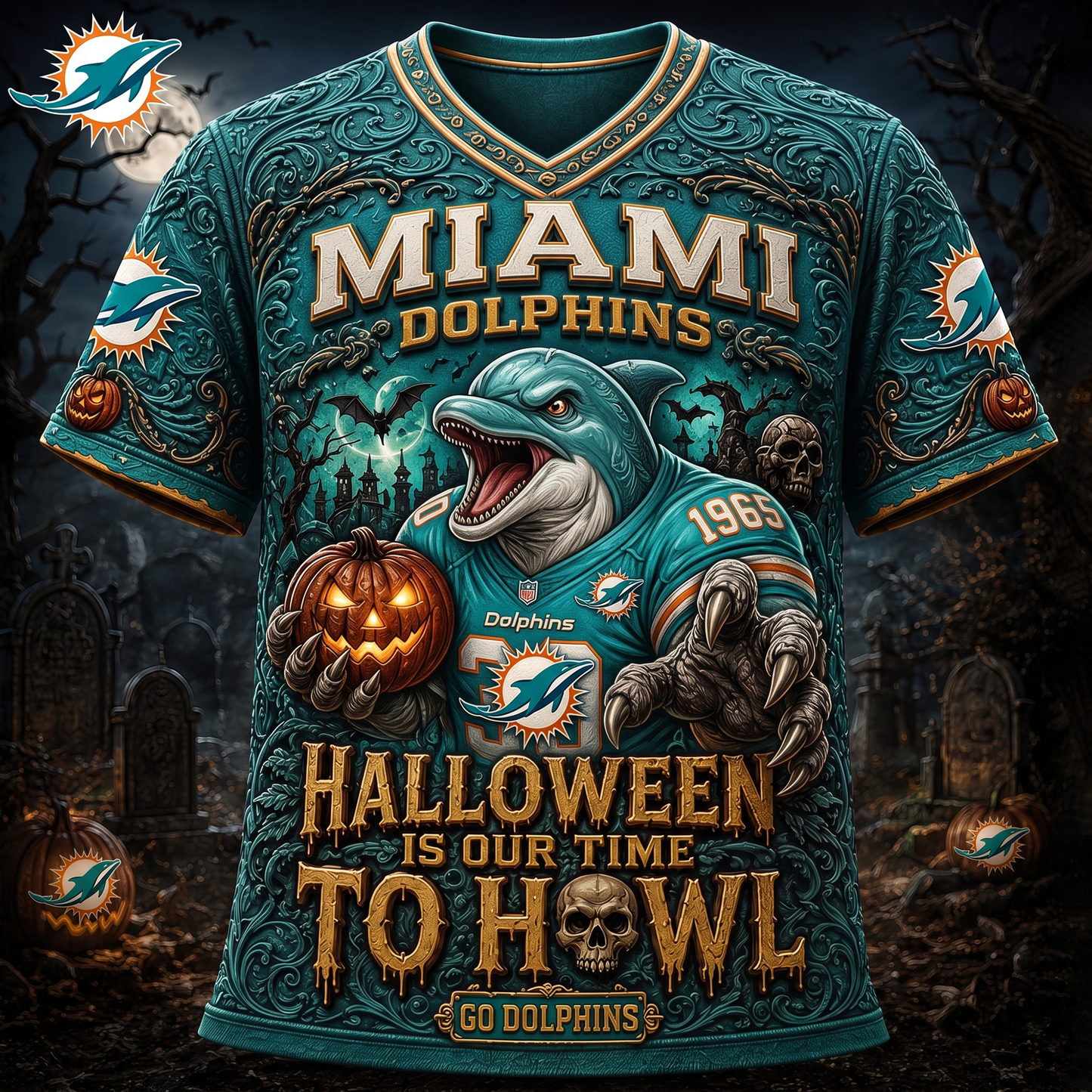 Premium NFL MIA Haunted Howl Halloween Mascot T-shirt