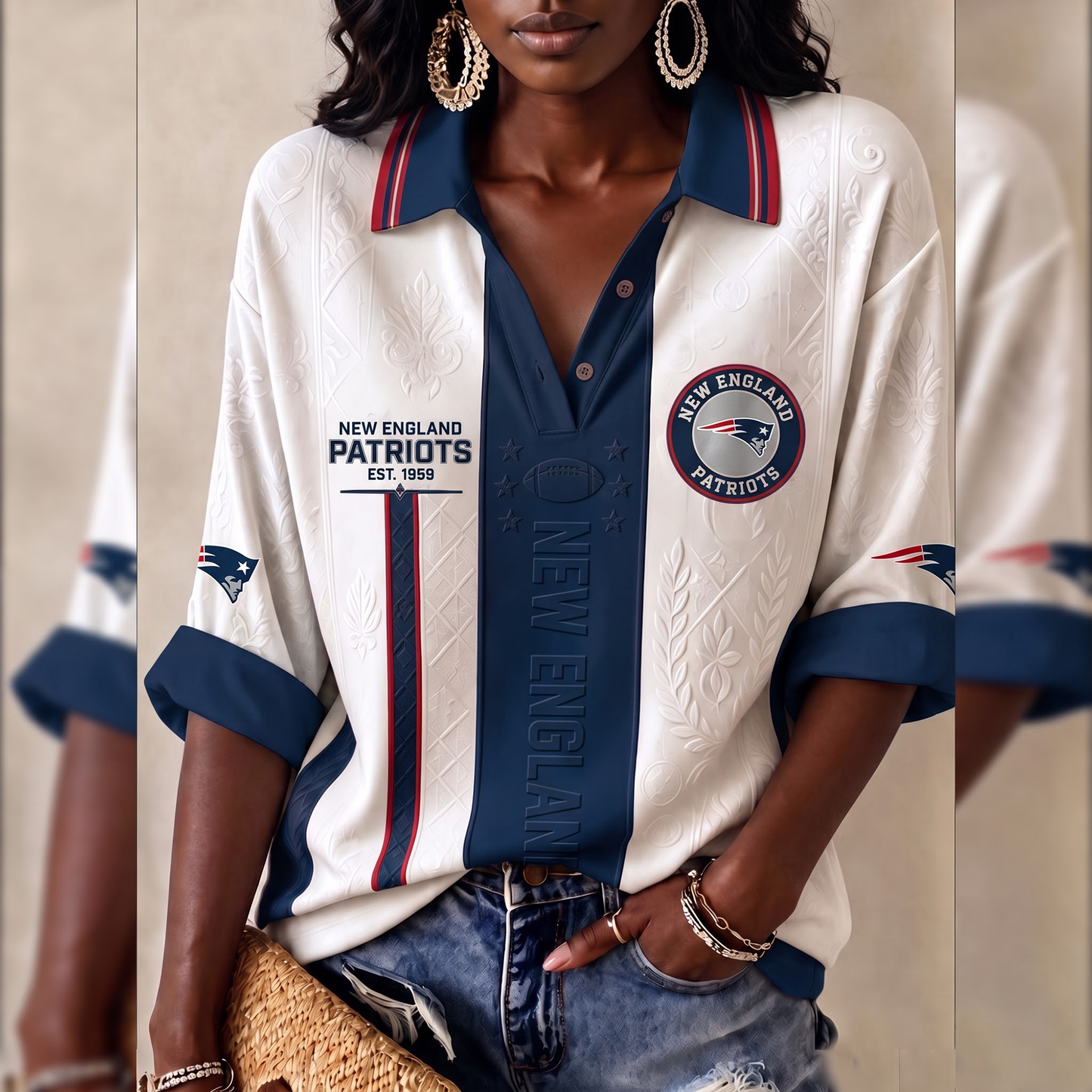 Premium NFL NE Embossed Heritage Open-collar Polo Shirt