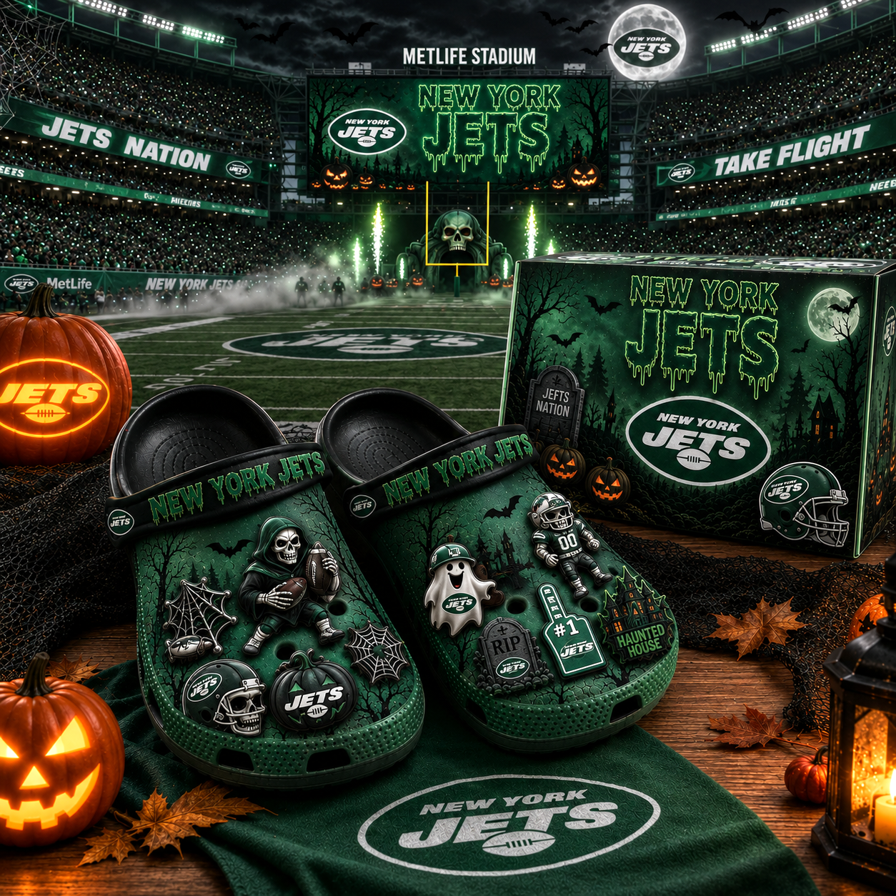 Premium NFL NYJ Haunted Game Day Halloween Charm Clogs