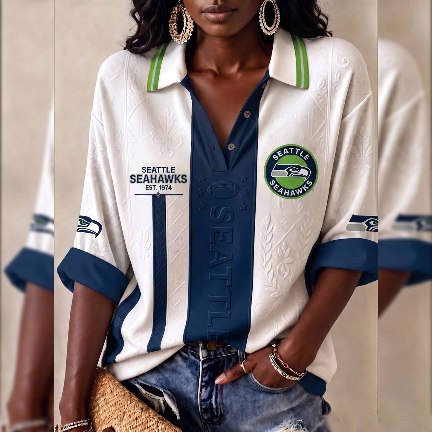 Premium NFL SEA Embossed Heritage Open-collar Polo Shirt