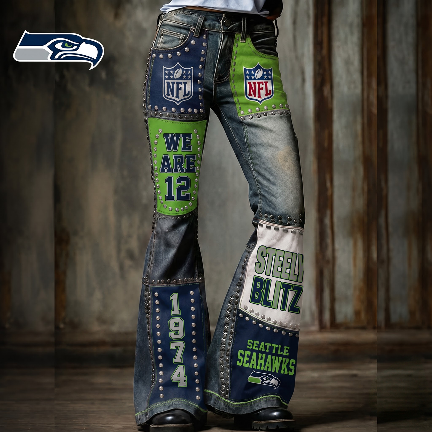 Premium NFL SEA Vintage Patchwork Zipped Flared Pants