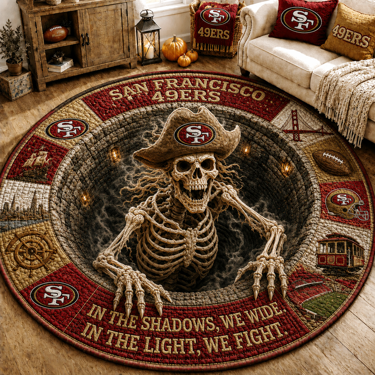 Premium NFL SF49 Haunted Gridiron Skeleton Quilted Round Mat