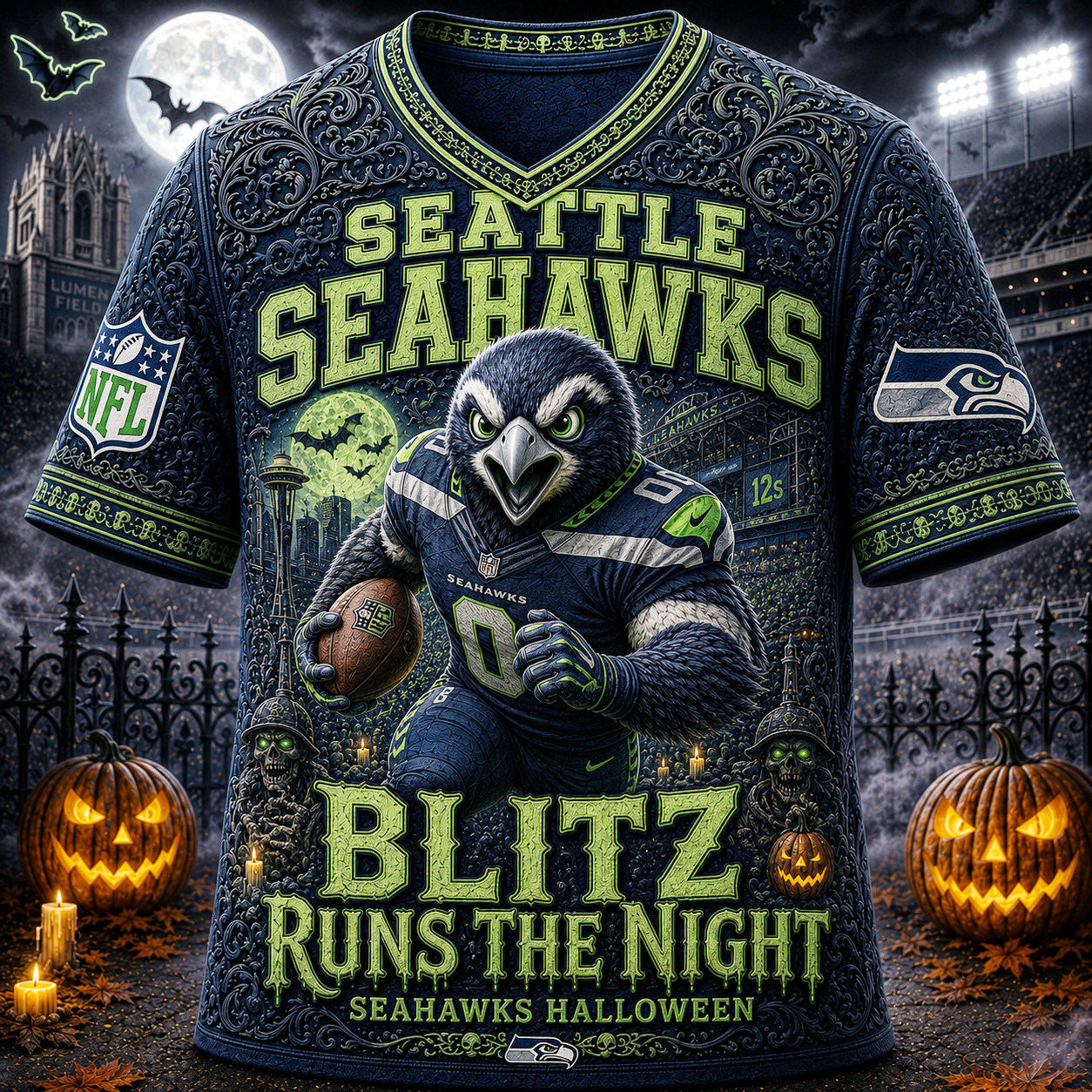 Premium NFL SS Runs the Night Halloween Mascot T-shirt